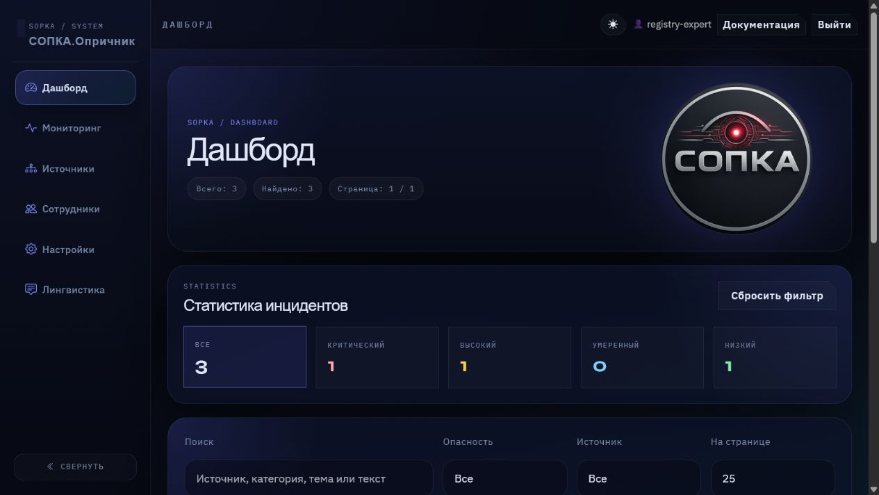 Интерфейс СОПКА.Опричник версии 1.0.0