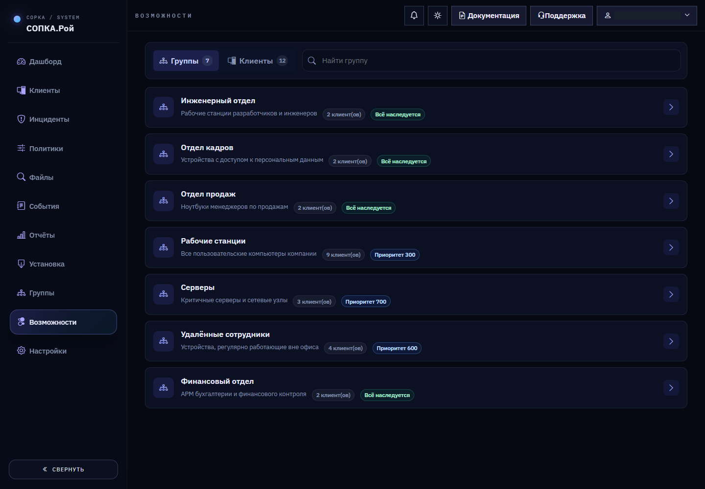 Возможности: тестовая рабочая область