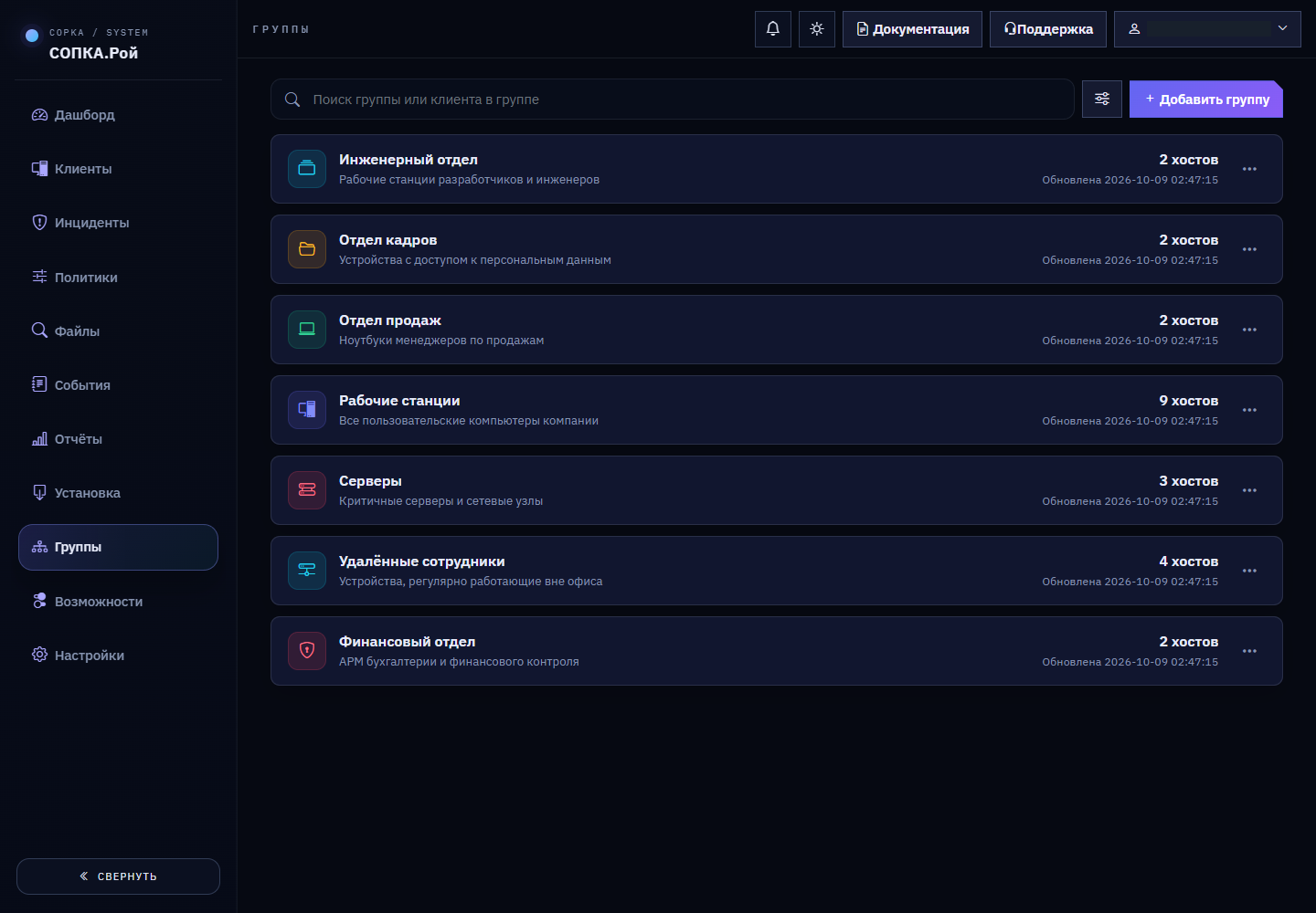 Группы: тестовая рабочая область