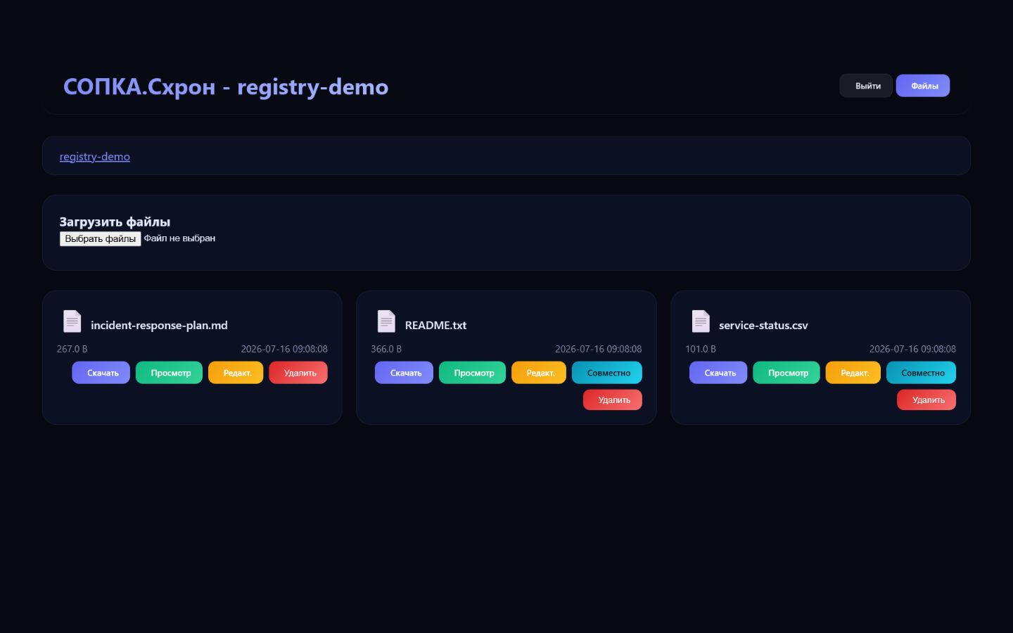 Интерфейс СОПКА.Схрон версии 1.0.0